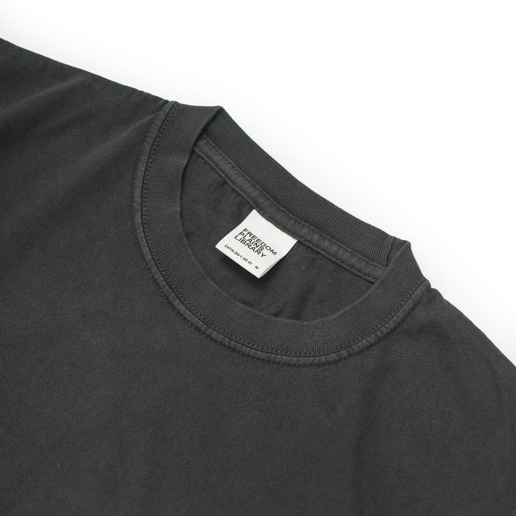 FREEDOM PLAINS LIBRARY PIGMENT DYED GARMENT WASHED BLACK 7.4oz Heavyweight Cotton Tee | 250GSM 14/S 100% COTTON &  Japanese Quality