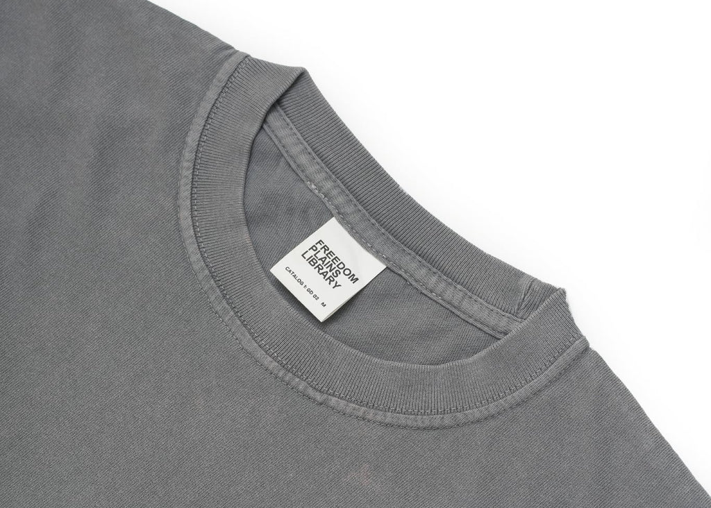 FREEDOM PLAINS LIBRARY PIGMENT DYED GARMENT WASHED GRAY 7.4oz Heavyweight Cotton Tee | 250GSM 14/S 100% COTTON &  Japanese Quality
